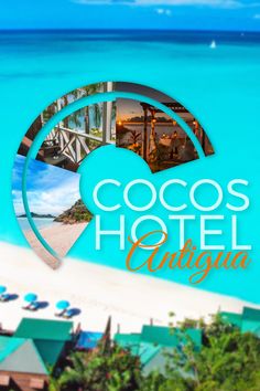 the logo for cocos hotel and suites on an aerial view of the beach with palm trees