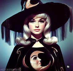 a woman with blonde hair wearing a witches hat