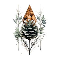 a watercolor painting of a pine cone surrounded by leaves and branches, on a white background