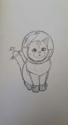 a pencil drawing of a cat wearing a space suit and holding a scissor