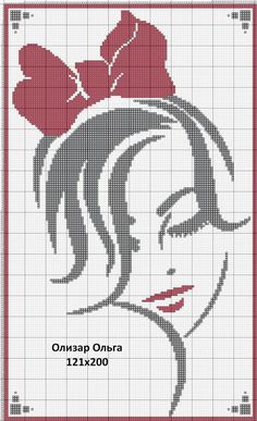 a cross stitch pattern with a woman's face in red and gray, on a white background