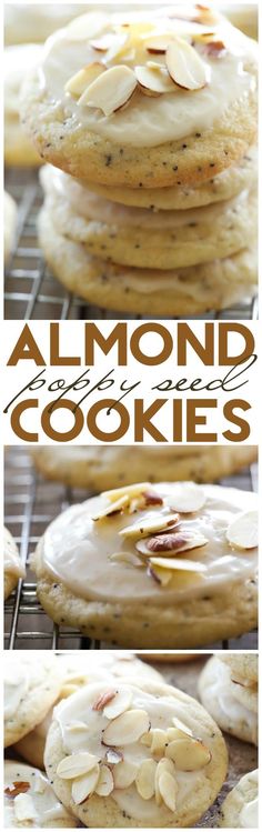 almond cookies are stacked on top of each other with the words almond cookies above them