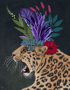 a painting of a leopard with flowers on its head