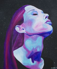 a painting of a woman's face with purple hair and stars in the background