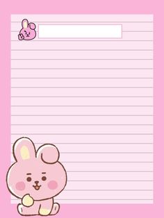 a pink lined paper with a cartoon bunny on it