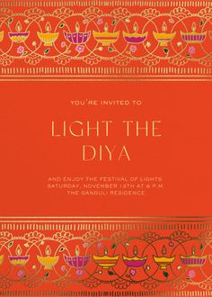 an orange and red card with the words light the diya in gold on it