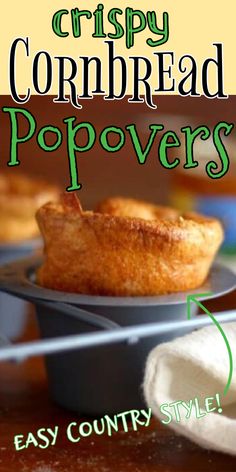 crispy cornbread popovers on a plate with the title overlaying it