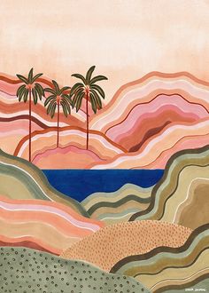 an abstract painting with palm trees on the horizon and mountains in the backgroud