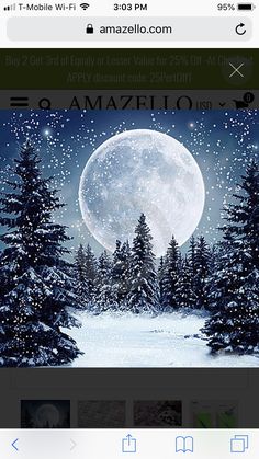 an image of a snowy night with the moon in the sky and trees on it