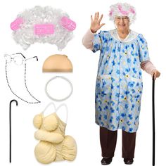 an elderly woman dressed in blue and white clothing with accessories including a wig, eyeglasses, headbands, and other items