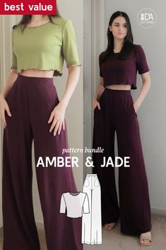 two women wearing wide legged pants and crop tops with the words, best value pattern bundle