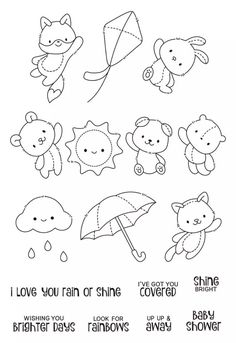 some cute little animals with umbrellas and clouds in the sky, one is saying i love you rain or shine