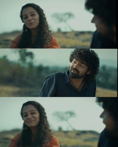 two different shots of a man and woman looking at each other