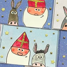 three pictures of donkeys wearing hats with stars in the sky and one has a cross on his head