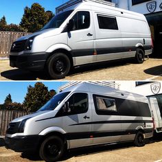 two pictures of a silver van parked in front of a building and another photo of the same vehicle