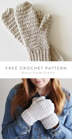 a woman in denim jacket and white knitted mitts with text overlay that reads free crochet pattern daisy farm crafts