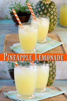 three glasses filled with pineapple lemonade sitting on top of a wooden tray