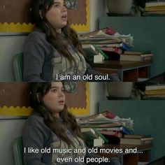 an image of a woman sitting in front of a desk with books on it and the caption i am an old soul