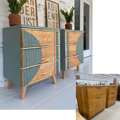 an image of a sideboard with plants on it and another photo of the same dresser