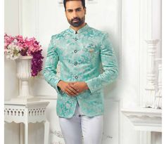 "This is a Classic Jodhpuri suit by Golden Attire crafted from high quality fabric and imported materials. Our products are handcrafted by experienced tailors who make sure the that the stitching is precise, lining is proper and the overall product is sturdy enough to not go out of shape for more than a few years. Also all our products have extra margins in their length, sleeves, sides so it's easily alterable if your size changes after some time. To see more available colours and designs in this collection, Check out the 'Classic Two Piece Suits' Section. *This is a Jodhpuri suit of a jacket and a trouser. *We also offer customization so we can provide you an even better fit if you massage us your measurements (in inches) of Chest, Stomach, Waist, Hip, Shoulder and Actual Height after ord Luxury Green Bandhgala For Wedding, Wedding Suit Green, Wedding Suit Men, Groom Wedding Suit, Men Wedding Suit, Jodhpuri Suit, Suit Groom, Prince Coat, Suit Green