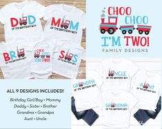 the matching family shirts are designed to match each other's name and train theme