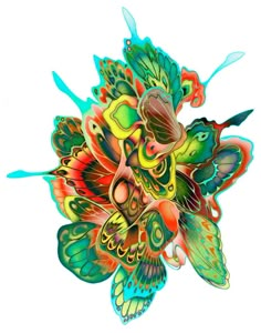 an artistically designed flower with lots of colors on it's petals and wings