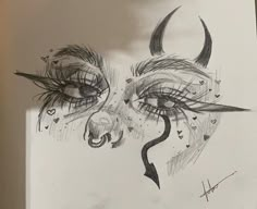 a pencil drawing of a woman's face with horns and hearts on her forehead