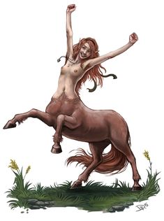 a naked woman riding on the back of a brown horse in green grass and weeds