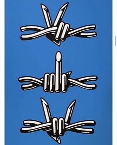 three pieces of art that are in the shape of forks and spoons on a blue background