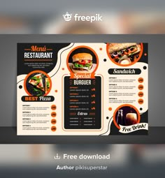 a restaurant menu with an orange and black design