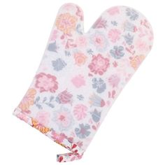 an oven mitt with flowers on it is shown in pink and grey colors,