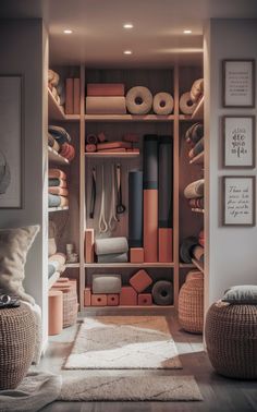 an organized closet with lots of items on the shelves and baskets in front of it