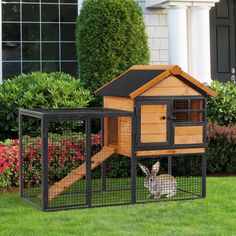 a rabbit house in the middle of some grass