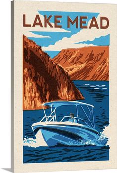 a blue boat is in the water with mountains behind it and text lake mead on top