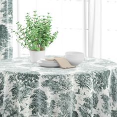 a table with a green plant on top of it next to a plate and napkin