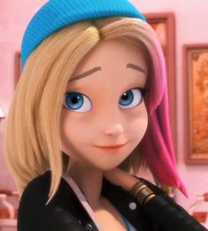 a cartoon girl with blonde hair and blue eyes looks at the camera while wearing a black jacket