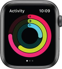 an apple watch with the activity screen on it's display, showing different colors