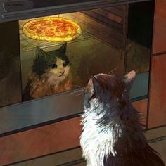 a cat looking at a pizza in an oven