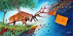 a painting of an animal with antlers on it's back and trees in the background