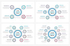 four different business powerpoint templates with circles in the middle and arrows on each side