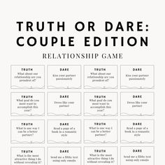 60 Truth or Dare cards couple edition including romantic, intimate, entertaining and fun date night ideas and activities.  The Purchase Includes: - 60 Truth or Care Cards (featuring 8 per page)      - 30 Truth Prompts      - 30 Dare Prompts - Bonus 4 blank cards for you to write 2 customised truth questions and 2 customised dare questions for you and your partner!  The cards come in a PDF format. Thank you for supporting mylovecordelia and buying a product from us! It is so very much appreciated.  Important Information This product is an Instant Download. There are NO physical items received.  No cancellations, refunds or exchanges are accepted.  Digital files may not be shared, redistributed or sold. If you have any issues, contact me and I will do my best to assist you. This Or That Questions Couple Edition, This Or That Questions Dating Edition, Questions For Dates, Truth Or Dare Questions For Couples Romantic, Truth Or Dare Couples Edition, This Or That Relationship Edition, This Or That Dating Edition, This Or That Couple Edition, Dirty Dares For Couples