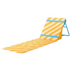 a yellow and white striped beach chair with blue straps on the bottom, sitting in front of a white background