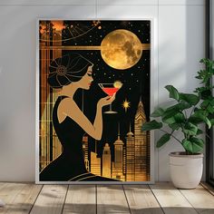 a woman holding a wine glass in front of a full moon and cityscape