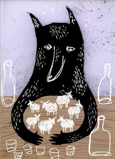 a drawing of a black animal with bottles around it's neck, and an image of sheep in the background