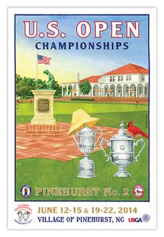 an advertisement for the u s open championships featuring two silver cups and a bird on top