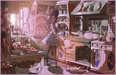 a painting of a woman cooking in a kitchen