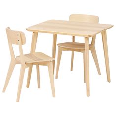 a wooden table and two chairs sitting next to each other in front of a white background