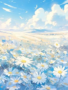 a painting of daisies in a field with blue sky and clouds behind them,