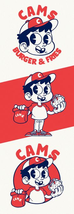 three cartoon characters with different colors and font on the same background, one has a baseball cap