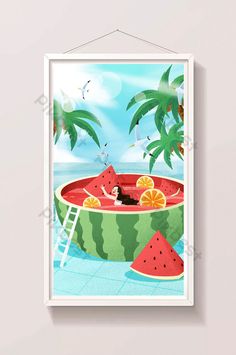 a watermelon bathtub with people in it and palm trees on the beach